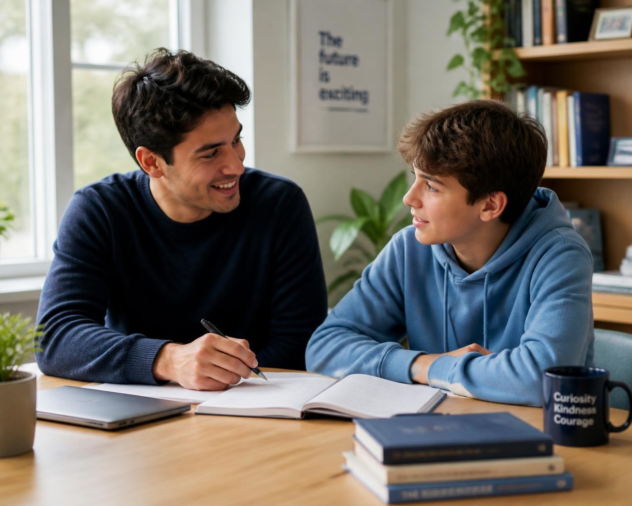 A mentor and a student talking through study plans together at a bright desk